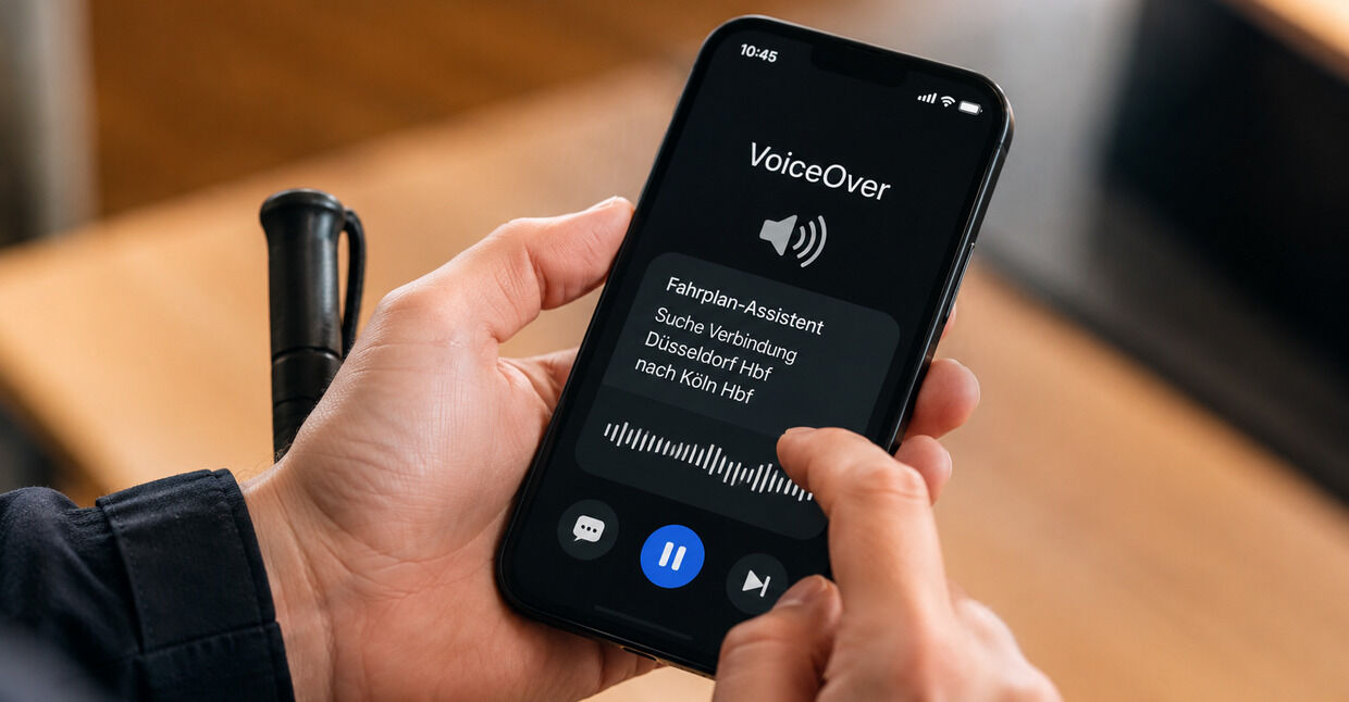 Hände halten ein Smartphone mit aktivierter VoiceOver-Sprachausgabe; im Hintergrund steht ein weißer Langstock